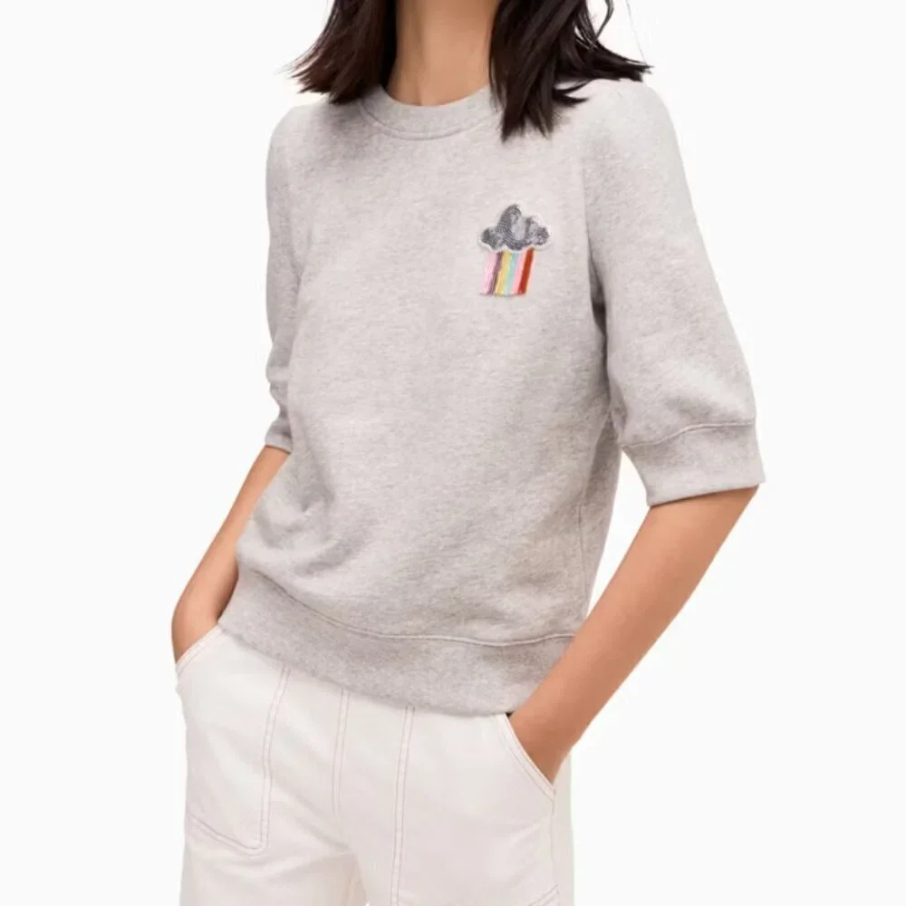 Kate Spade Rain or Shine Gray Elbow Sleeve Sweatshirt Sequin Cloud Whimsical